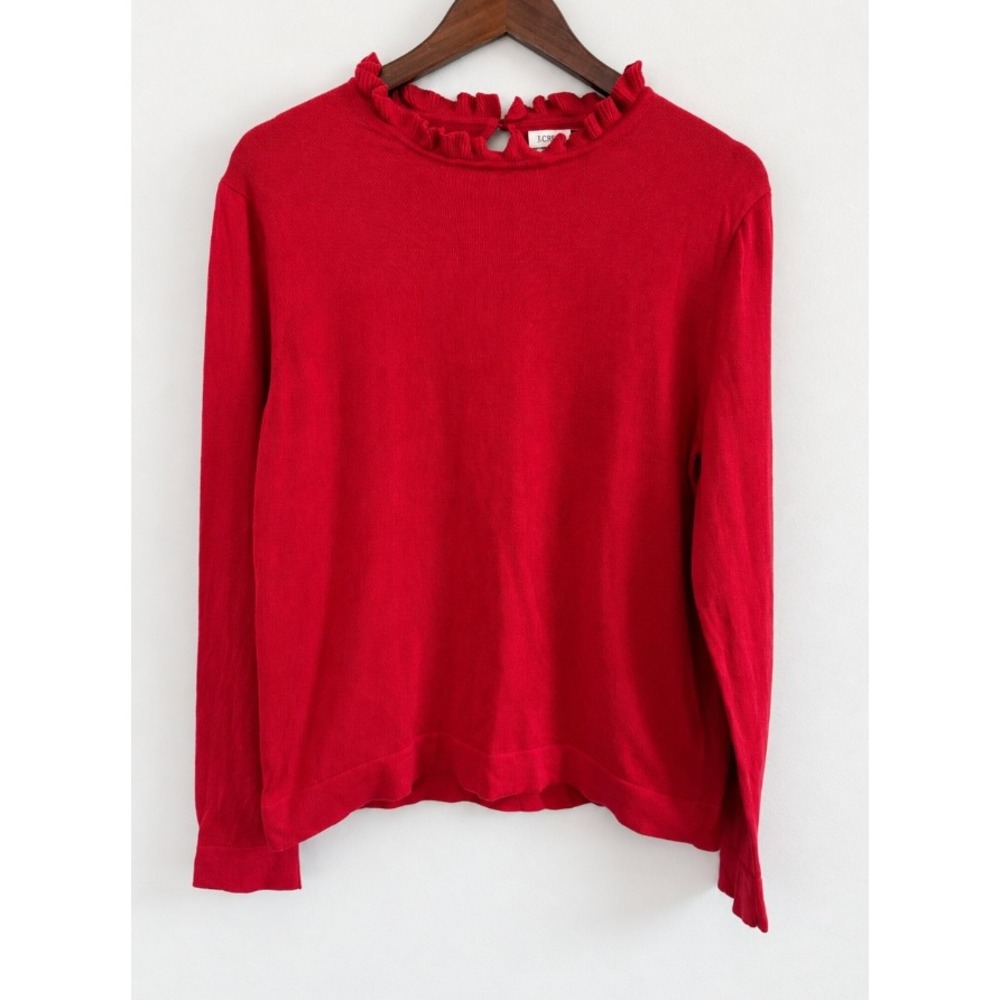 J.Crew Women's Red Ruffle Mock Neck 100% Cotton Long Sleeve Sweater Sz L NWOT